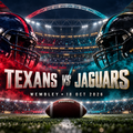 Promotional event graphic for Houston Texans versus Jacksonville Jaguars at Wembley Stadium on 18 October 2026, with opposing helmets, floodlit stadium, and a football on the pitch.