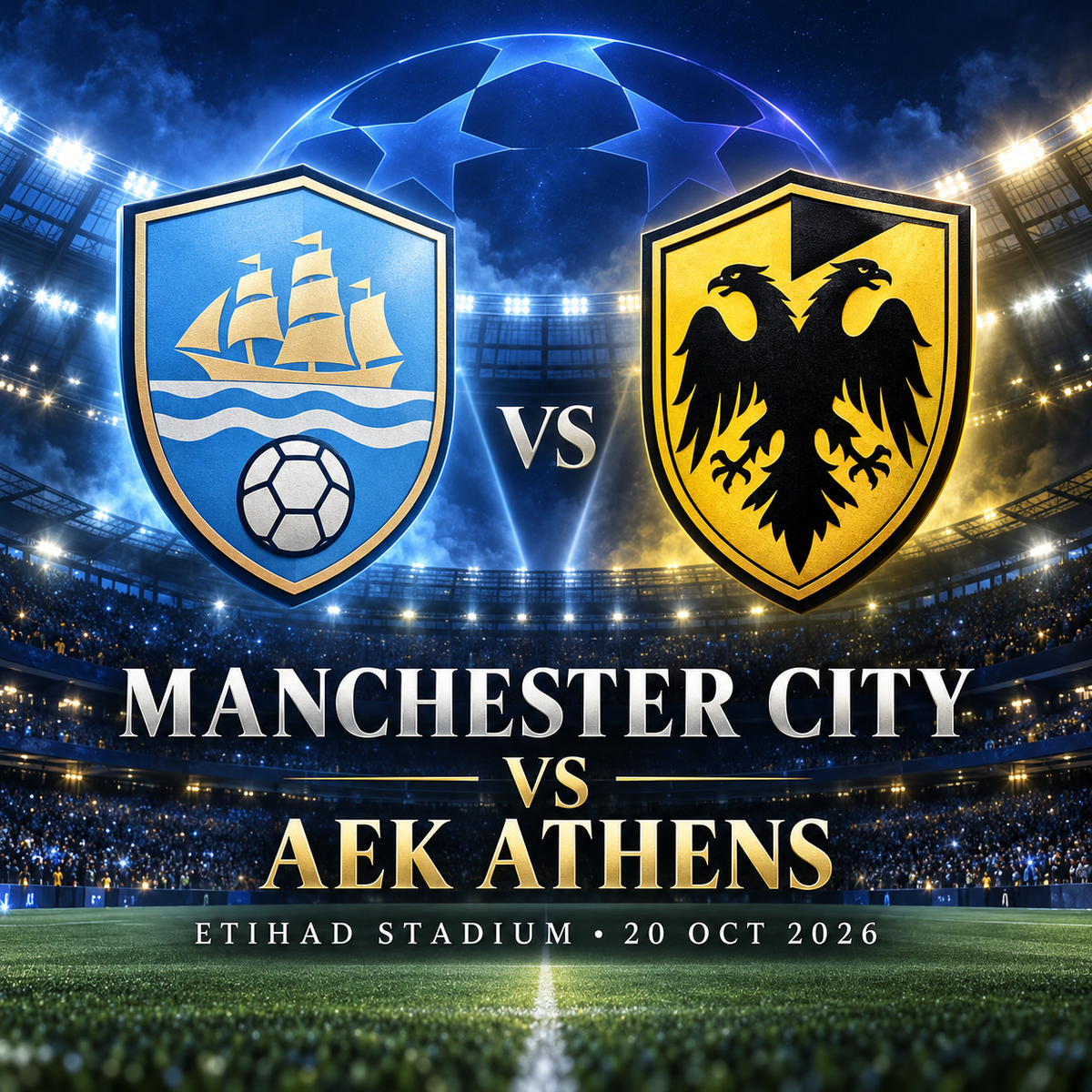 Original event artwork showing stylised Manchester City and AEK Athens crests facing each other at a floodlit Etihad Stadium for the Champions League match on 20 October 2026.