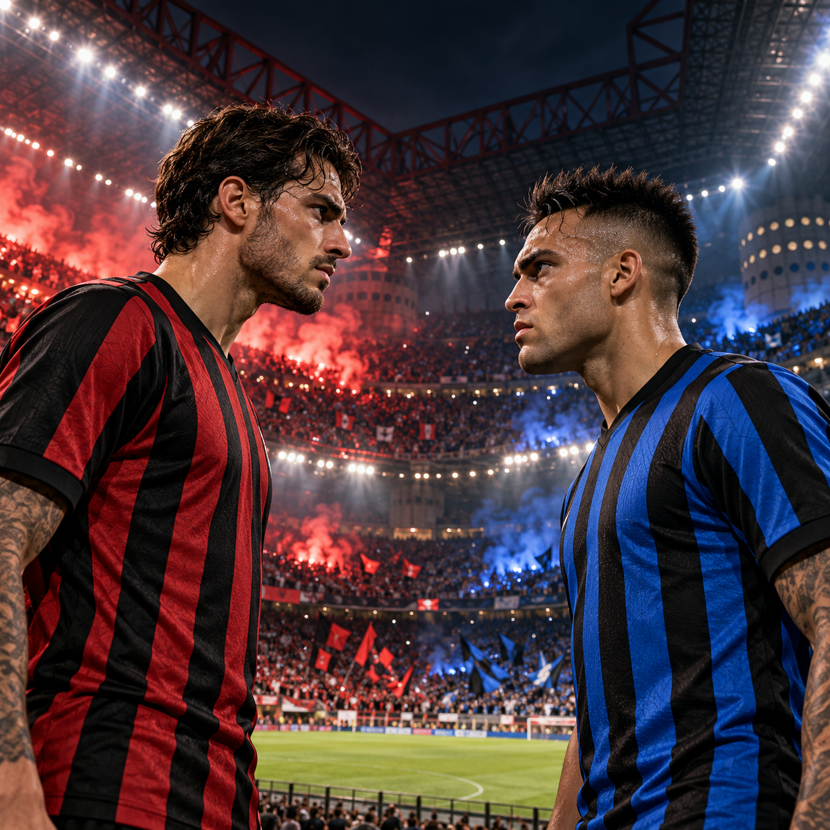 AC Milan v Inter at San Siro — illustrated red-and-black and blue-and-black team shirts