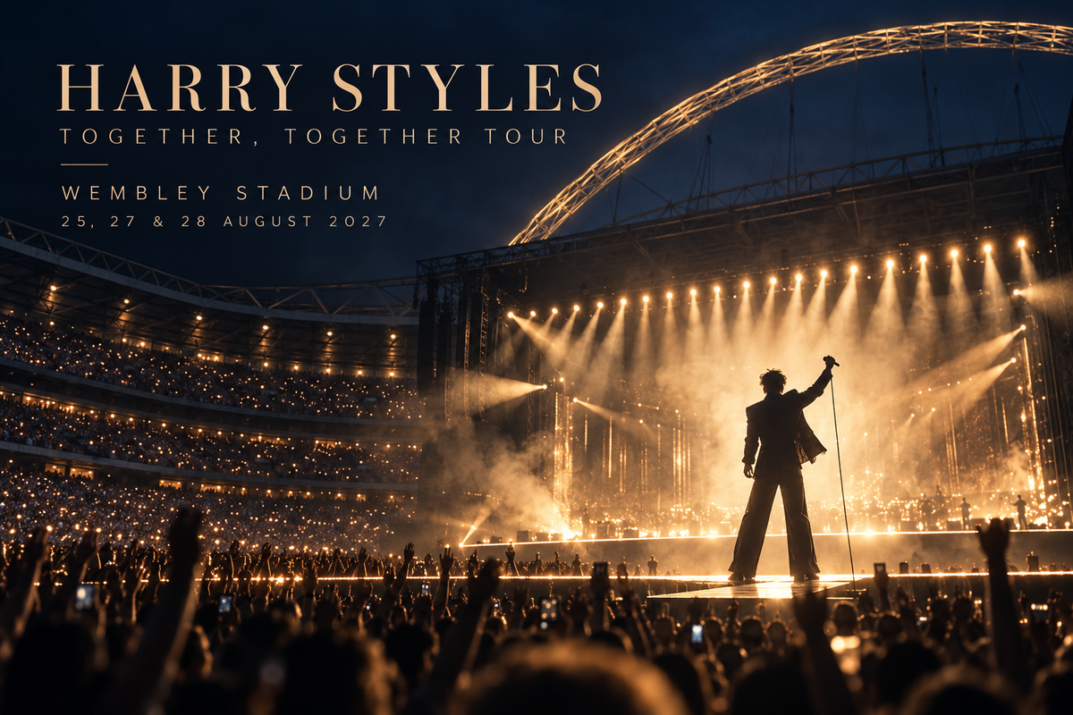 Promotional concert poster for Harry Styles' Together, Together Tour at Wembley Stadium, 25, 27 and 28 August 2027; silhouetted performer under golden stage lights.